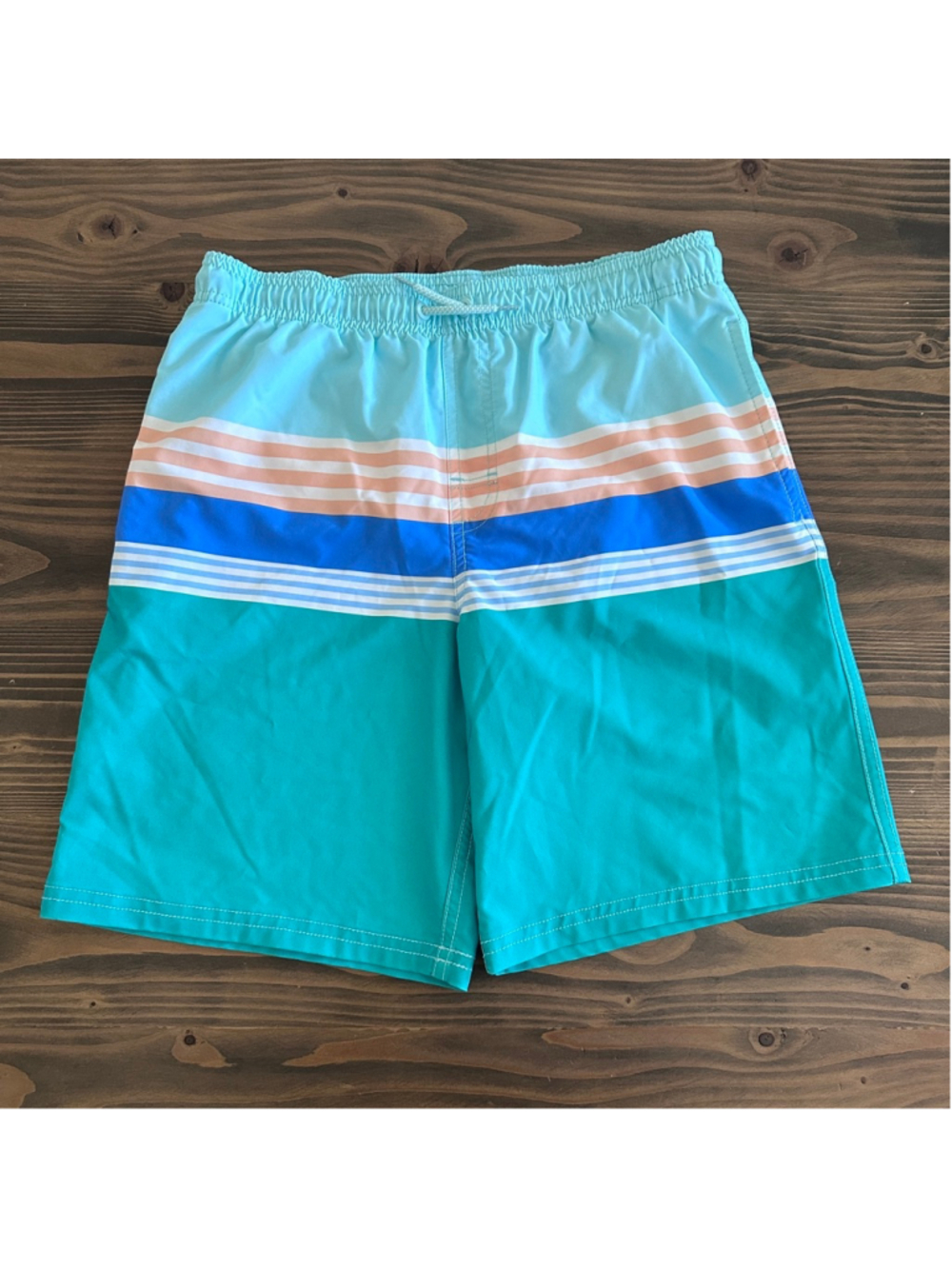 Wonder Nation Boys XL Swim Trunks Blue Teal Striped Lined Shorts 14-16